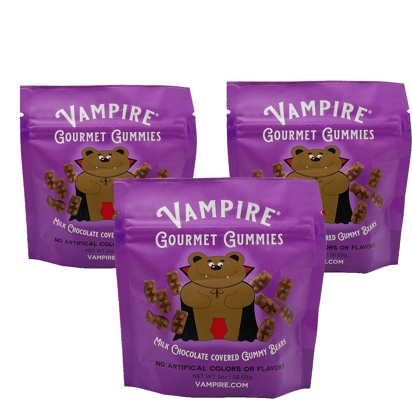 VAMPIRE® GOURMET CHOCOLATE COVERED GUMMY BEARS THREE PACK - 2 oz. BAGS