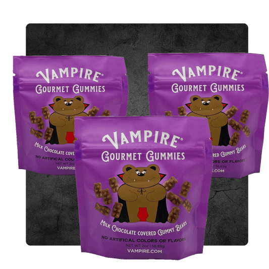 VAMPIRE® GOURMET CHOCOLATE COVERED GUMMY BEARS  THREE PACK - 2 oz. BAGS