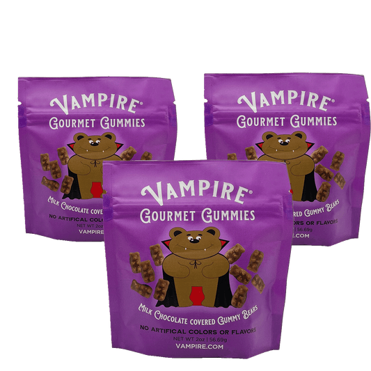 VAMPIRE® GOURMET CHOCOLATE COVERED GUMMY BEARS  THREE PACK - 2 oz. BAGS